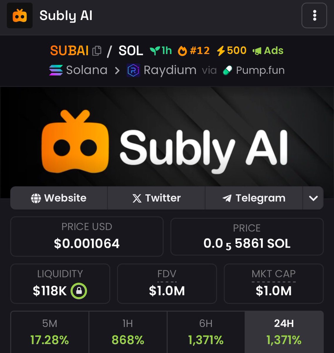 hankusignal's tweet photo. 4x $SUBAI 

Told you this is gem!  Next leg 2m? Lets see

Join to my channel call
https://t.co/XW2CHbGTDM

#SUBAI #hankusignal #solanamemecoin #Solana https://t.co/BYzYINRp51