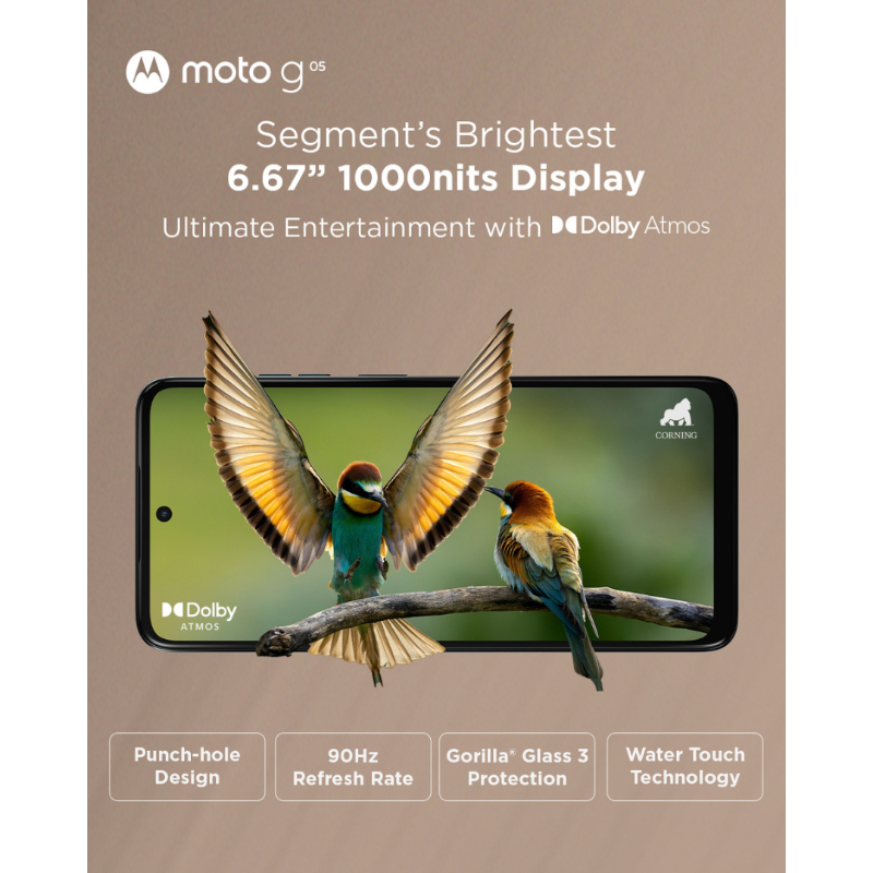 motorolaindia's tweet photo. The new moto g05’s here! From the segment’s* brightest 6.67" 1000nits display & 50MP Quad-Pixel camera system to Pantone-validated vegan leather design & 5200mAh battery, it has it all.
Buy now at just ₹6,999 @Flipkart | https://t.co/azcEfy2uaW | leading stores.#MotoG05 #MastHai
