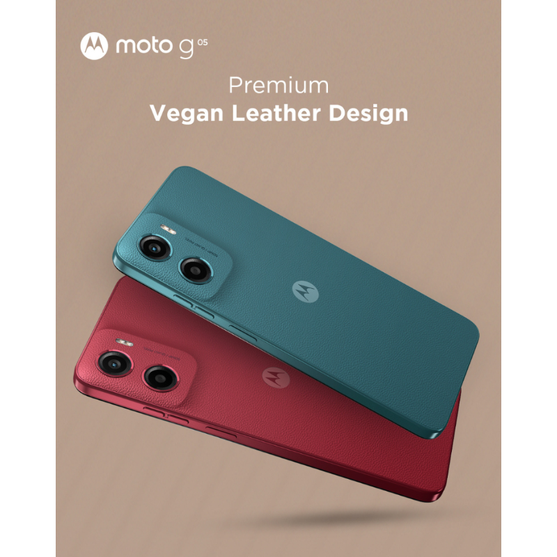 motorolaindia's tweet photo. The new moto g05’s here! From the segment’s* brightest 6.67" 1000nits display & 50MP Quad-Pixel camera system to Pantone-validated vegan leather design & 5200mAh battery, it has it all.
Buy now at just ₹6,999 @Flipkart | https://t.co/azcEfy2uaW | leading stores.#MotoG05 #MastHai