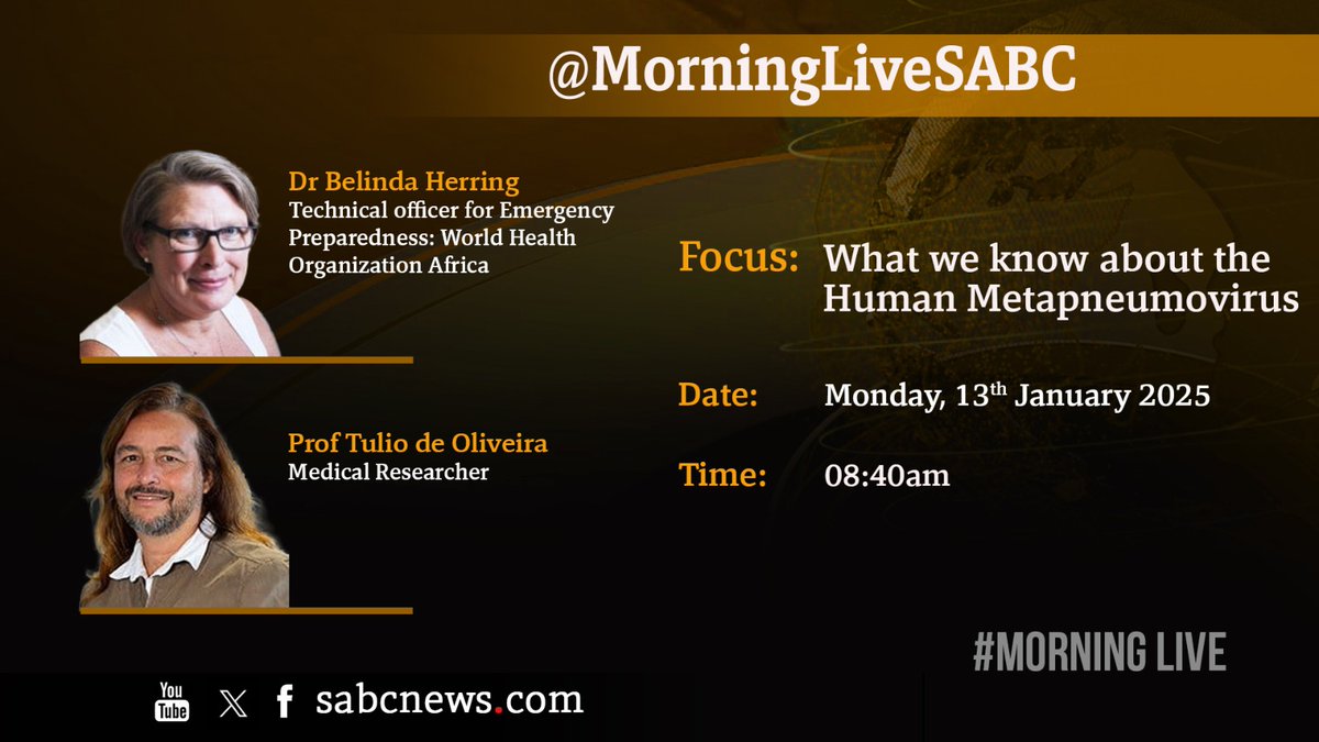 [COMING UP]

We will be joined by Prof Tulio de Oliveira and Dr Belinda Herring to talk more about HMPV, otherwise known as the Human Metapneumovirus shortly. 

#MorningLive 
#SABCNews