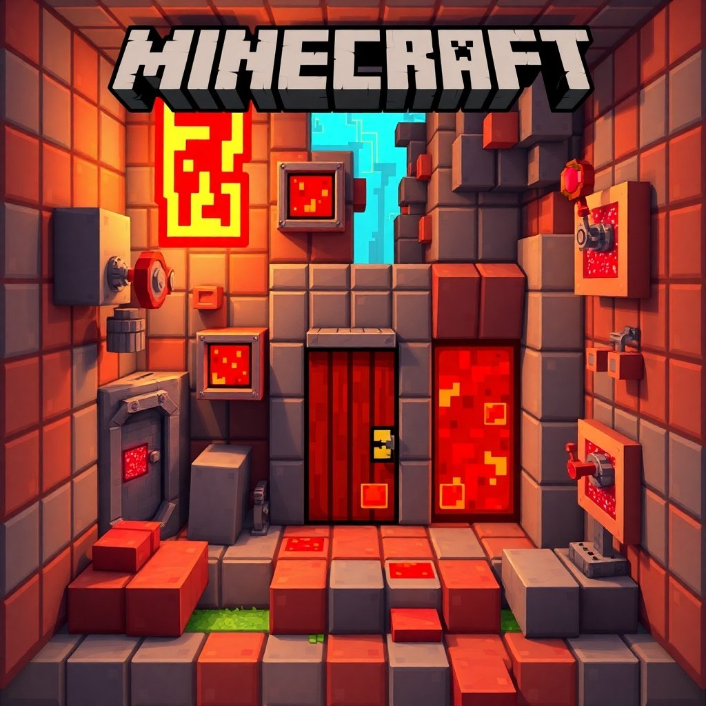 Here is an image of a vibrant, colorful representation of redstone in a Minecraft environment, showcasing various redstone contraptions and mechanisms like doors, levers, and redstone dust in action, with a blocky, pixelated style to reflect the game's aesthetic: