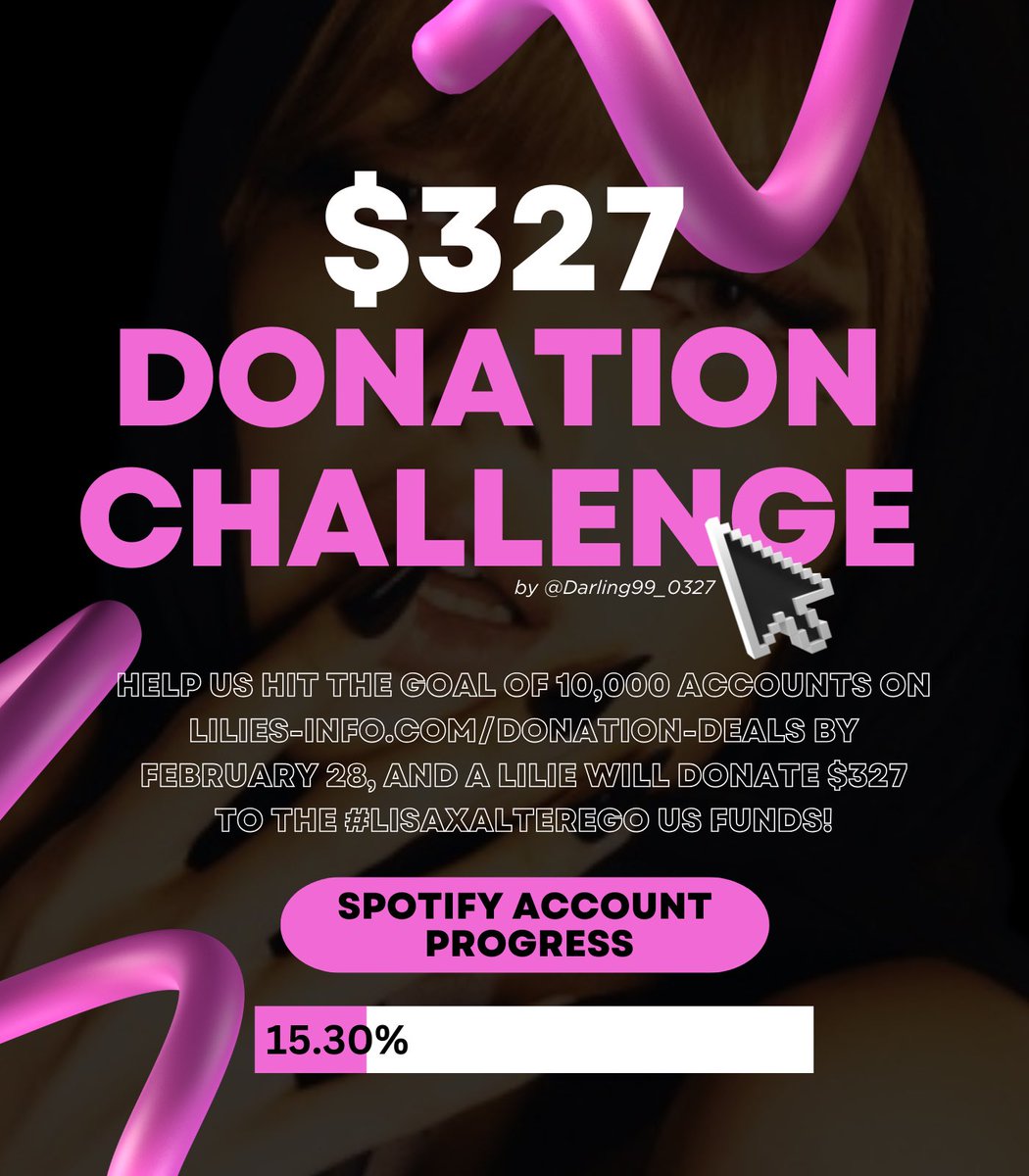 🏁 DONATION CHALLENGE 🏁

Help us hit the goal of 10,000 accounts on lilies-info.com/donation-deals by February 28, and @darling99_0327 will donate $327 to the #LISAxAlterEgo US funds!
