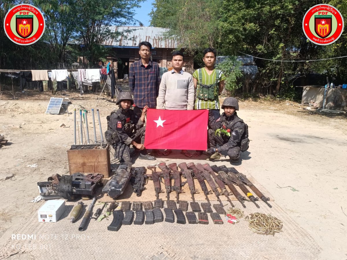 Twenty junta troops were killed when resistance groups attacked a junta column of some 100 soldiers, police and Pyu Saw Htee militias on Myingyan-Taungtha Rd in Mandalay Region on Sunday, said the National Unity Government. (Photo: NUG Military Region 1)