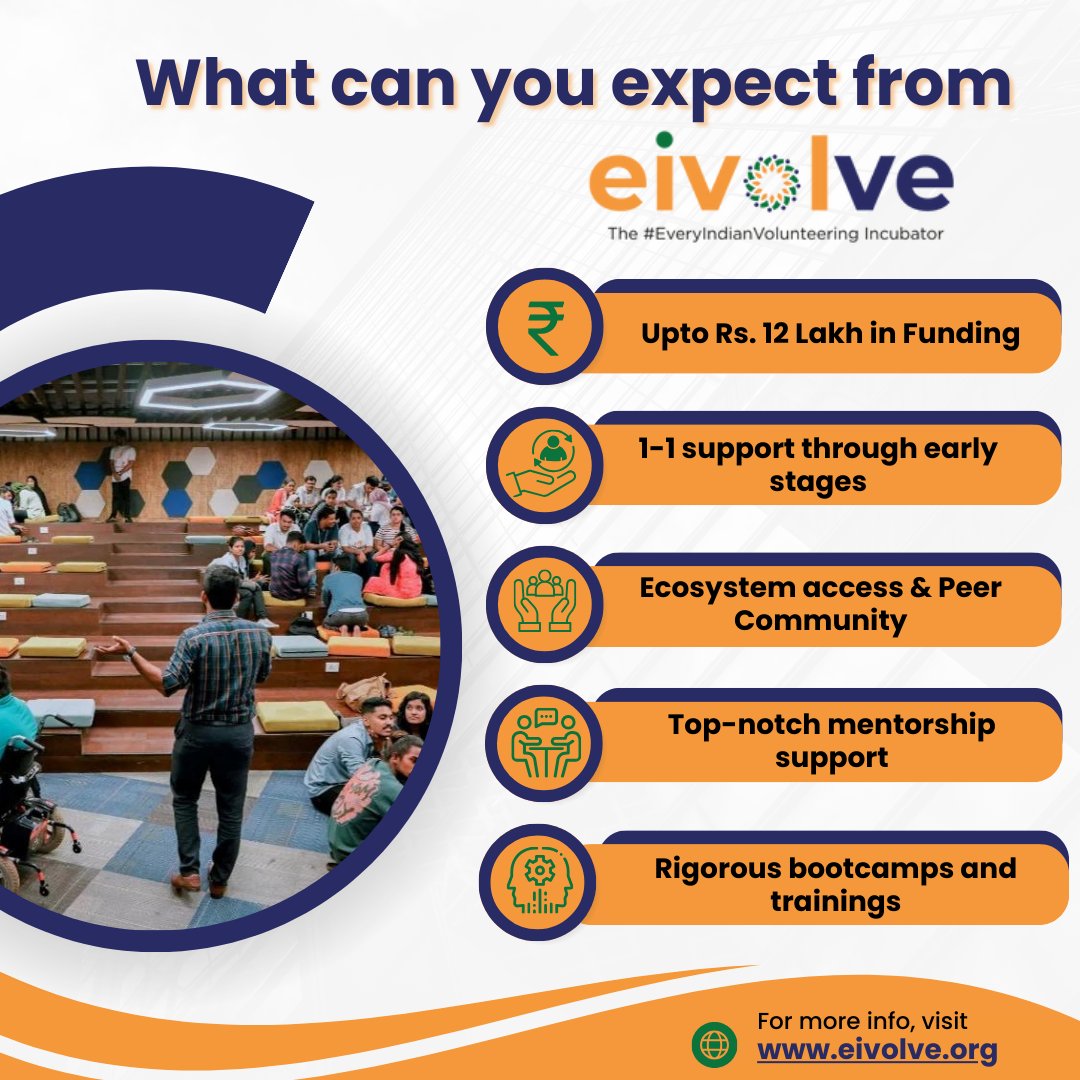 Have an idea of a start-up that engages volunteers to create impact? eivolve is waiting to hear from you!
Apply today to benefit your idea with our funding, mentorship and training.
---
Apply : eivolve.org/apply

#socialentrepreneurship #volunteering