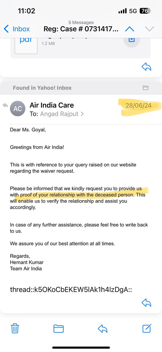 ANGADRAJPUT's tweet photo. @airindia 
 case id 07314496
 case id 07314175
Long story short myself and my mom were traveling and unfortunately we lost her father my grandfather the same day
I spoke to Air India about the situation n they told me to provide relationship prof I did pls c ss #disappointment https://t.co/Wotbm11FcM