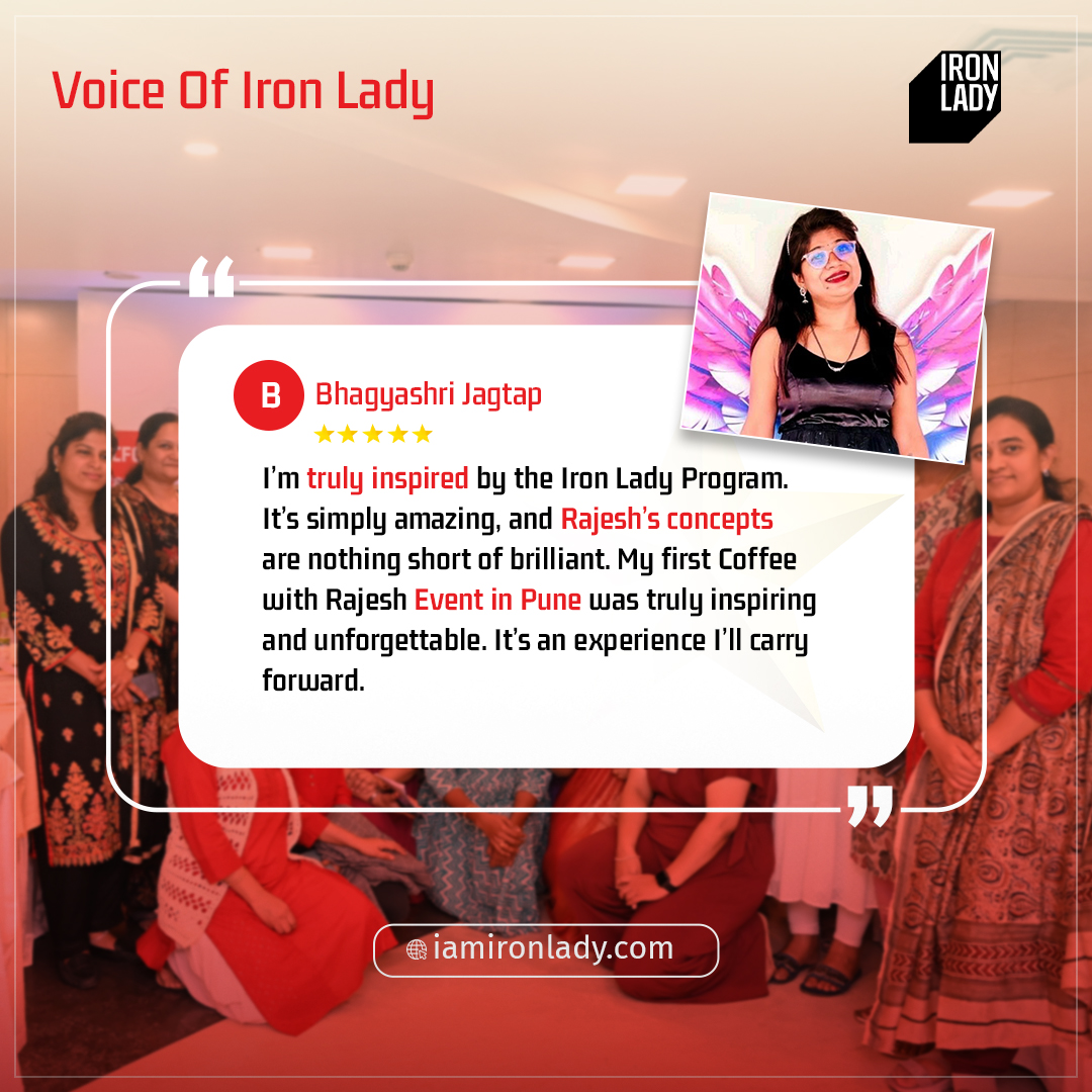 𝗘𝘃𝗲𝗿𝘆 𝘀𝘁𝗲𝗽 𝗳𝗼𝗿𝘄𝗮𝗿𝗱 𝗺𝗮𝘁𝘁𝗲𝗿𝘀.

Bhagyashri Jagtap found her spark at an Iron Lady Coffee Event in Pune with Rajesh. Now, she’s turning inspiration into transformation. 🌟

Take your next step: bit.ly/3y6s2n8
#IronLady #IronLady1CRClub