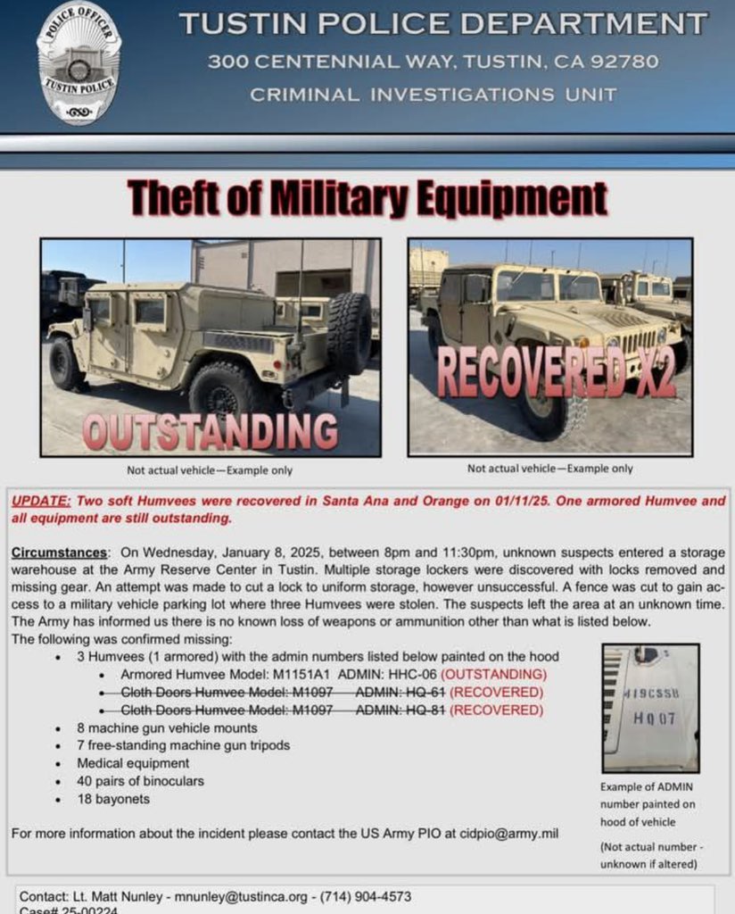 roaming_rn's tweet photo. 🚨One week from the inauguration!! ⁉️How does a California Military Base not have surveillance video or guards to keep 3 Humvees, 40 binoculars, and 18 bayonets from being stolen?
Tustin, California: ‘Gang of thieves’ broke into a California military base and made off with three Humvees and a bundle of equipment which included machine gun mounts.
The Tustin Police Department said that the ‘unknown suspects’ broke into the Army Reserve Center in the Orange County city on Wednesday.
Officials say that the robbers made off with three Humvees, one of which was armored, 8 machine gun mounts, tripods, medical equipment, 40 pairs of binoculars and 18 bayonets.
Two soft Humvees were recovered in Santa Ana and Orange on 01/11/25. One armored Humvee and all equipment are still outstanding.