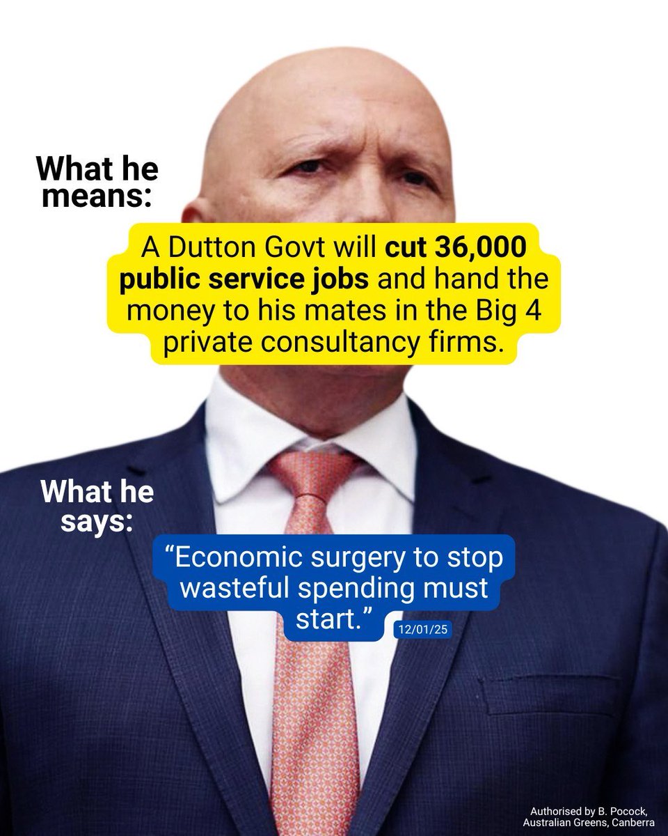 BarbaraPocock's tweet image. Duttons making a big target of public service jobs but look what happened last time they did this - They spent $20 billion on outsourcing to the private sector to do the same work at twice the cost. Dutton will bring the big consultant’s snouts back to the trough!