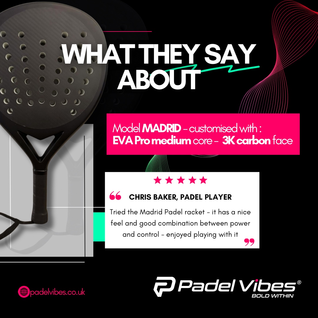 PadelVibes's tweet photo. 🌟Players love our Model MADRID🌟

Chris likes its power and control. With a medium core and 3KC face, it's made to elevate your game💪

Tell us, what makes your perfect padel racket?👇

#PadelVibes #BoldWithin #PadelReview #PadelGear #PadelTech #RacketReview
#PadelPerformance https://t.co/hIFi81xnEB