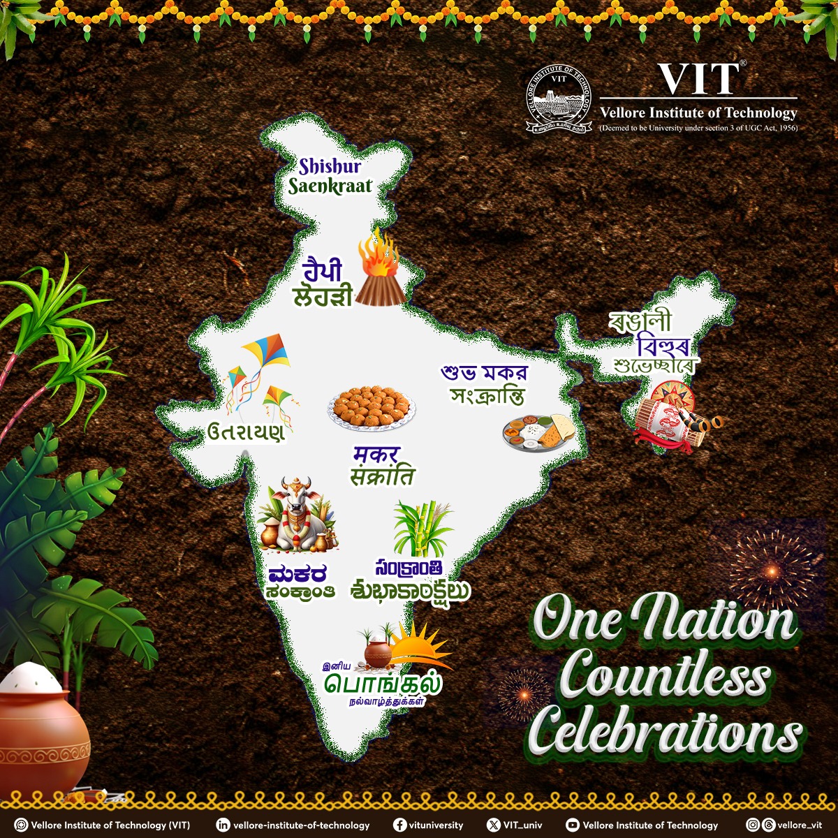 VIT_univ's tweet photo. This Makar Sankranti let’s soar high with the kites of joy, harvest the seeds of hope and bask in the sunshine of happiness.
One Nation- Countless Celebrations.
#HappyMakarSankranti #HarvestFestival #VITWishes #VIT #VelloreInstituteofTechnology #LifeAtVIT #VTEEE https://t.co/49NMDhGJXT