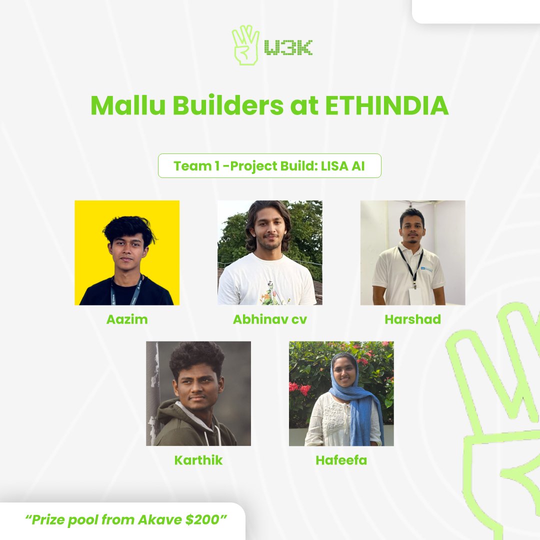 Web3_kerala's tweet photo. Mallu builders who participated in ETHIndia

Team 1 
Project Build: LISA AI 

Buildoooors:
@aazim_anish 
@abhinavcv007 
@harshedabdulla 
@KarthikE1549472 
@_Hafeefa_PC https://t.co/fqjWkPmjB7