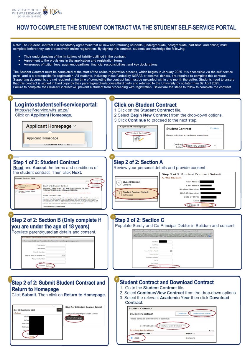 WitsUniversity's tweet photo. Dear Witsies,

All students, whether already registered or yet to register for the 2025 academic year, must complete and submit the mandatory Wits Student Contract via the self-service portal.

Attached, you will find detailed instructions on how to complete and submit the Student Contract.

Registration dates and details are available on our website - https://t.co/oGJH7SCUZP

For assistance, contact +27 (0) 11 717 1888 or visit at https://t.co/If0rMAfliQ.