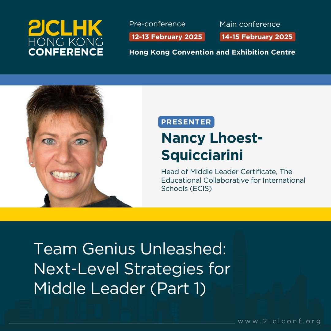 21cli's tweet photo. Welcome Nancy Lhoest-Squicciarini @NancyinLux1 @WomenEdBeLux #21CLHK25! Check out their presentation "Team Genius Unleashed: Next-Level Strategies for Middle Leader (Part 1)" at https://t.co/pNTbtwT0LU #HongKong #LearningSpaces #Leadership #StudentVoice #21stCenturyLearning #21CL https://t.co/D8Flx9PwHm