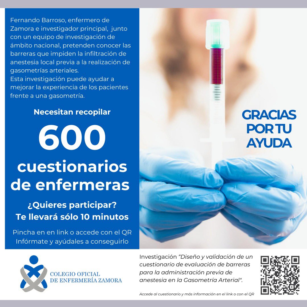 EnfermeriaSepar's tweet photo. 🚨 @fbarrosor lidera un equipo de investigación sobre el manejo y la  experiencia del paciente frente a una gasometría. Necesitan 600 cuestionarios. Si eres enfermeras, ayúdales a conseguirlo. 
📌Pincha ⬇️ para acceder a ➕ información y al cuestionario https://t.co/d5AVR1xqX1 https://t.co/aeUjxllPN1