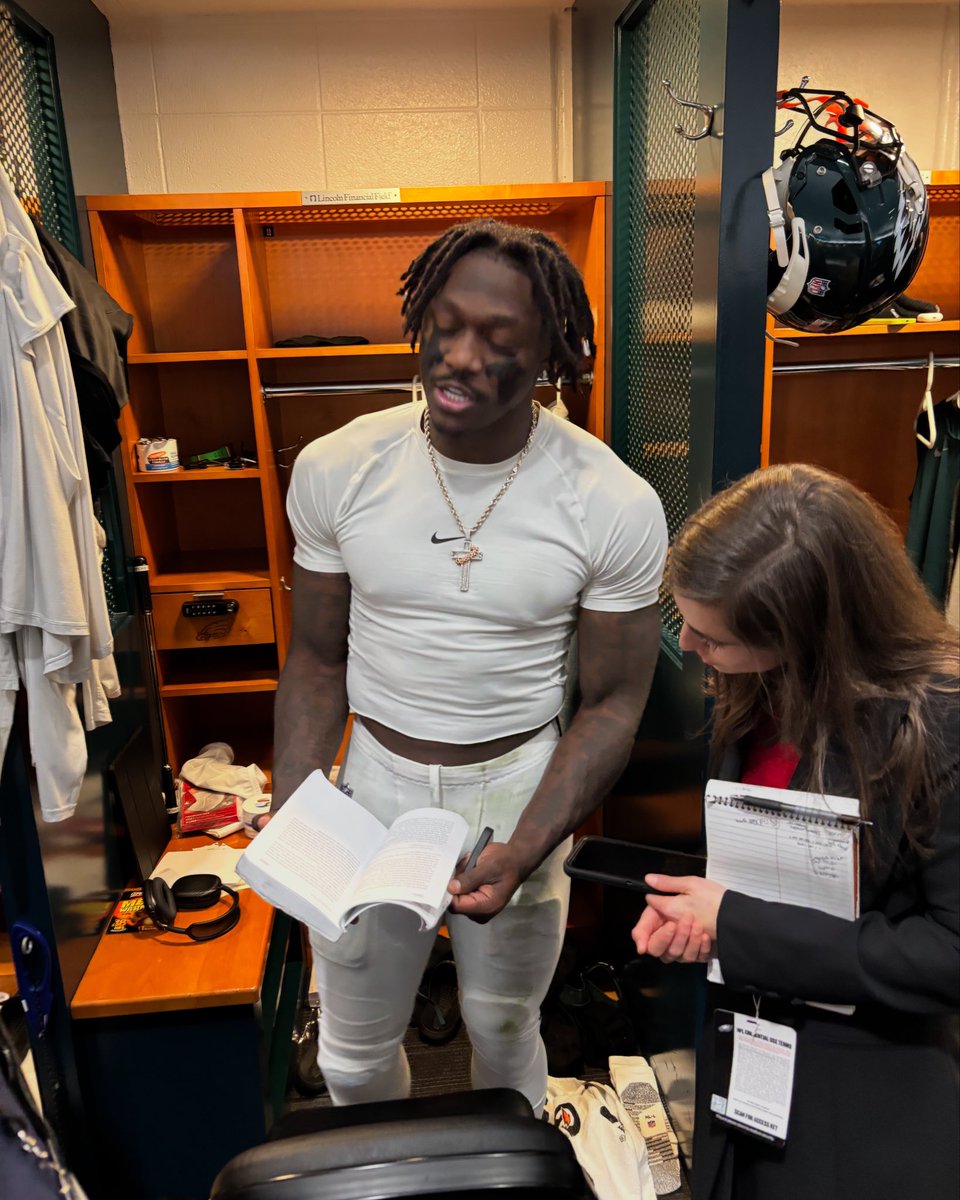 JClarkNBCS's tweet photo. “It gives me a sense of peace. That’s a book that I bring every single game. That’s the first time I heard that you all got me on camera. There’s a lot of mental parts about it. It’s how I refresh every drive. I always go to that book every time. Refocus every time.”

AJ Brown on reading passages from the book Inner Excellence during games. AJ says he has done this during most games.