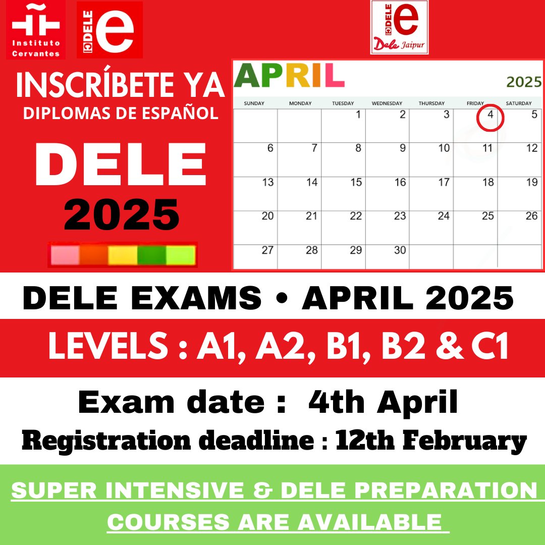 DeleJaipur's tweet image. El plazo de inscripción para la convocatoria de abril terminará el 12 de febrero de 2025 Para los niveles A1,A2, B1, B2 y C1 
El examen se llevará a cabo el 4 de Abril.

! Regístrete para tu examen pronto!

#dele2025examen #abrilexam  #SpaIndia  #aprenderespañol #DeleJaipur