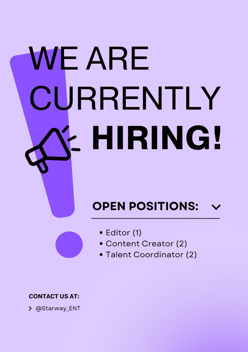 STARWAY_Ent's tweet image. ㅤ ㅤ
ㅤㅤㅤㅤ𝑆𝑇𝐴𝑅𝑊𝐴𝑌 𝐸𝑁𝑇𝐸𝑅𝑇𝐴𝐼𝑁𝑀𝐸𝑁𝑇
ㅤ ㅤㅤ   Open recruitment for new staffs
ㅤ ㅤㅤ   ㅡ Updated available positions
ㅤㅤㅤㅤ(𝘗𝘭𝘦𝘢𝘴𝘦 𝘮𝘦𝘯𝘵𝘪𝘰𝘯 𝘢𝘧𝘵𝘦𝘳 𝘋𝘔)
ㅤ