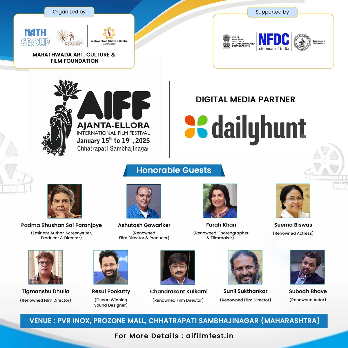 Dailyhunt (@dailyhuntapp) on Twitter photo Thrilled to announce that Dailyhunt is the digital media partner for one of India's prestigious film festivals - 10th Ajanta-Ellora International Film Festival (AIFF 2025). 
Catch all updates about the 10th AIFF on #Dailyhunt Thrilled to announce that Dailyhunt is the digital media partner for one of India's prestigious film festivals - 10th Ajanta-Ellora International Film Festival (AIFF 2025). 
Catch all updates about the 10th AIFF on #Dailyhunt
