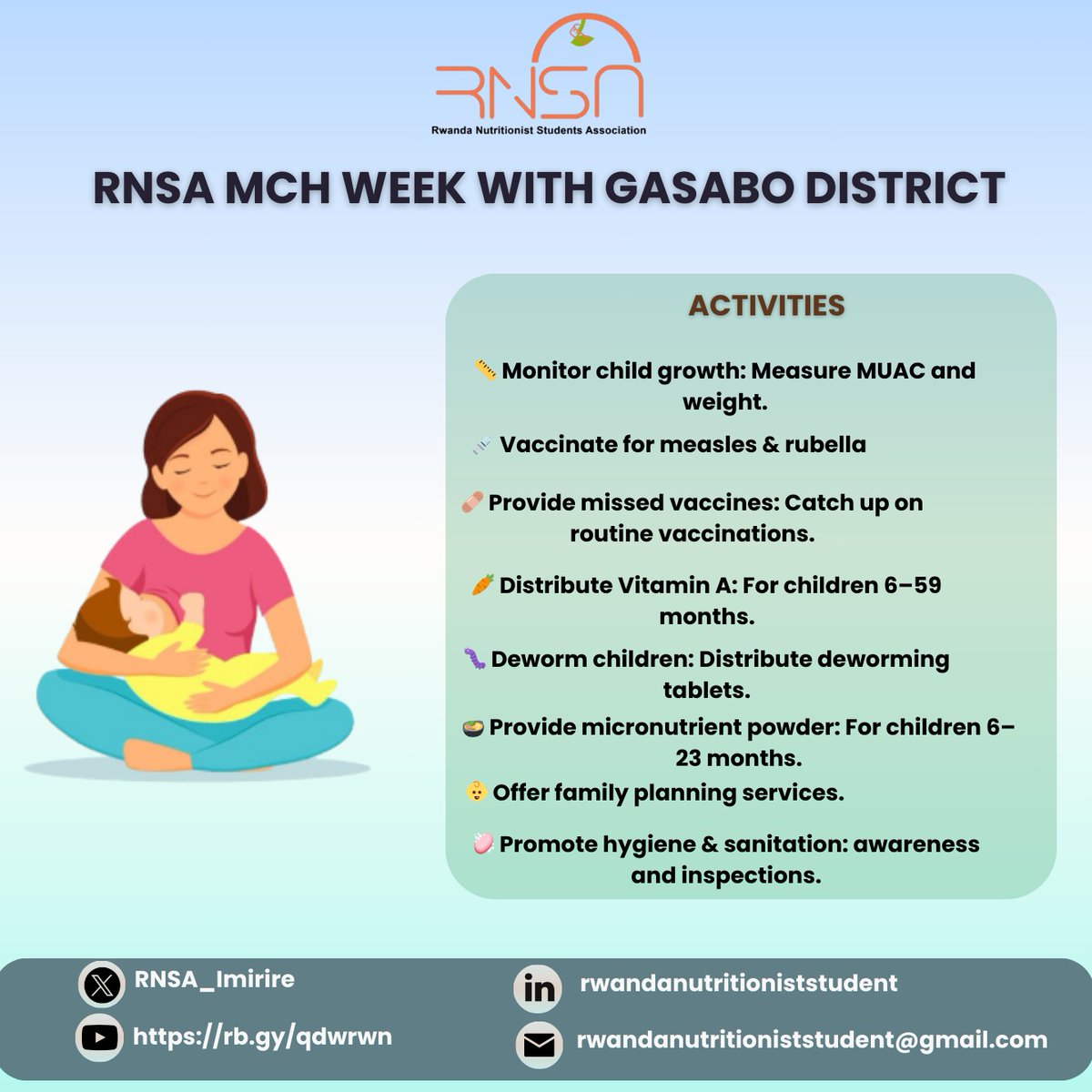 Twatangiye iki cyumweru cyahariwe kwita kubuzima bw'umubyeyi n'umwana! 
Kuri site zitandukanye mumirenge yose igize akarere ka <a href="/Gasabo_District/">Gasabo District</a>
turi Gukurikirana imikurire n'imirire y'abana tubapima hakoreshejwe MUAC, Toise n'iminzani, gutanga #ongera na #VitaminA n'ibindi...