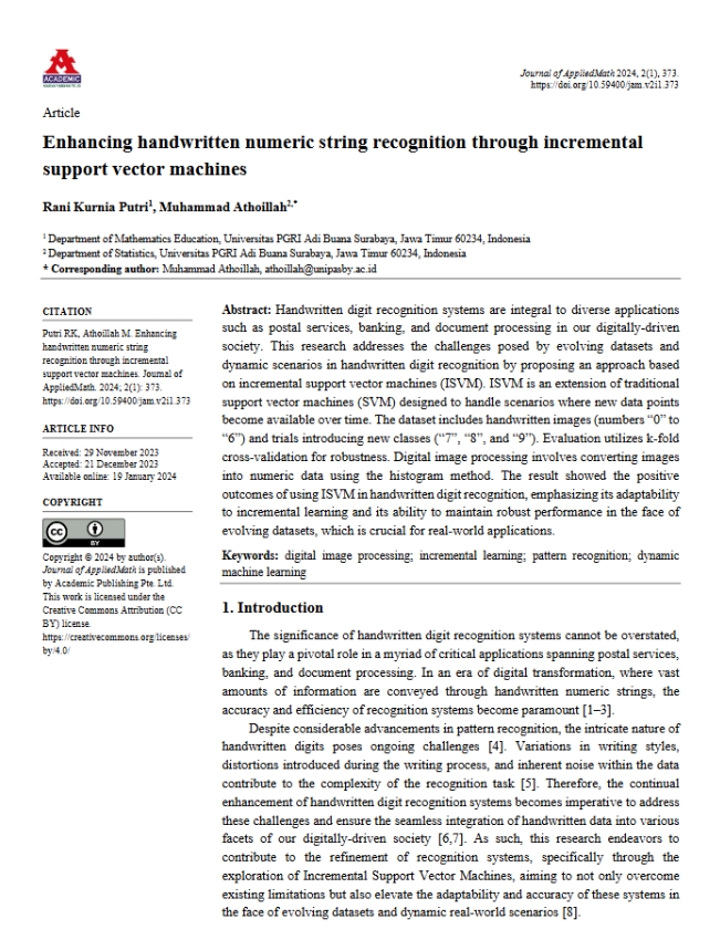 Academic__Pub's tweet image. ✨Hot Article in Journal of AppliedMath (eISSN 2972-4805)!
🔖Enhancing handwritten numeric string recognition through incremental support vector machines
🔗ojs.acad-pub.com/index.php/JAM/……
#DigitalImageProcessing
#IncrementalLearning
#PatternRecognition
#DynamicMachineLearning