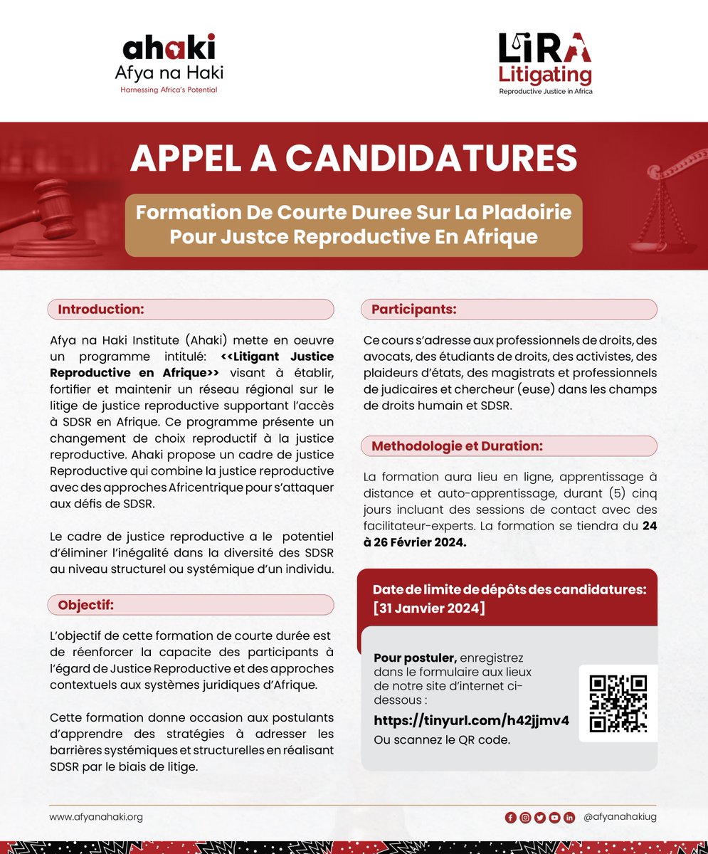 Applications for Cohort 7 of the advanced short course on Advocacy for Reproductive Justice in Africa are now open!
Legal practitioners, law students, activists, prosecutors, judicial officers, and human rights and SRHR scholars are all invited to apply > tinyurl.com/mrxftfwu