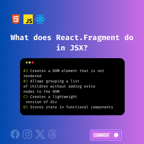 IzazCodes's tweet photo. What does React.Fragment do in JSX?

#webdevelopment #webdesign #webdeveloper #digitalmarketing #website #html #seo #websitedesign #coding #programming #javascript #css #webdesigner #developer #wordpress #marketing #programmer #web #ecommerce #business #websitedevelopment https://t.co/2pk2QkDqK8