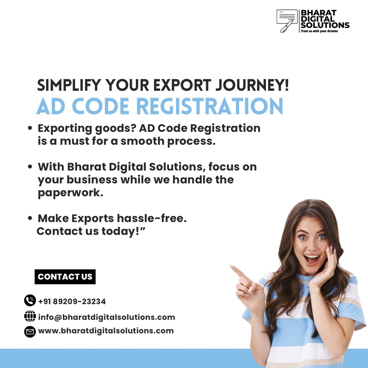 bdigitalsol55's tweet image. 🌍 Ready to expand your business globally? Simplify your export journey with Bharat Digital Solutions!

#ExportMadeEasy #ADCodeRegistration #GlobalBusiness #bharatdigitalsolutions  #BusinessGrowth #HassleFreeExports #ExportJourneySimplified #EntrepreneurGoals”
