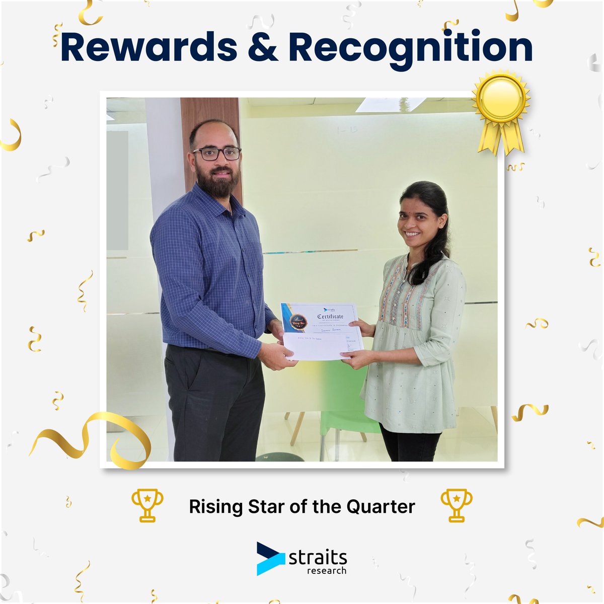 Celebrating Excellence at Straits Research! 🏅
We are thrilled to recognize our team members in three prestigious categories:
🏅 Star Performer of the Quarter - Bhakti Rawal
🤝 Best Team Player - Pavan Warade
🌟 Rising Star of the Quarter - Dhanshree Bhapkar
     #congratulations