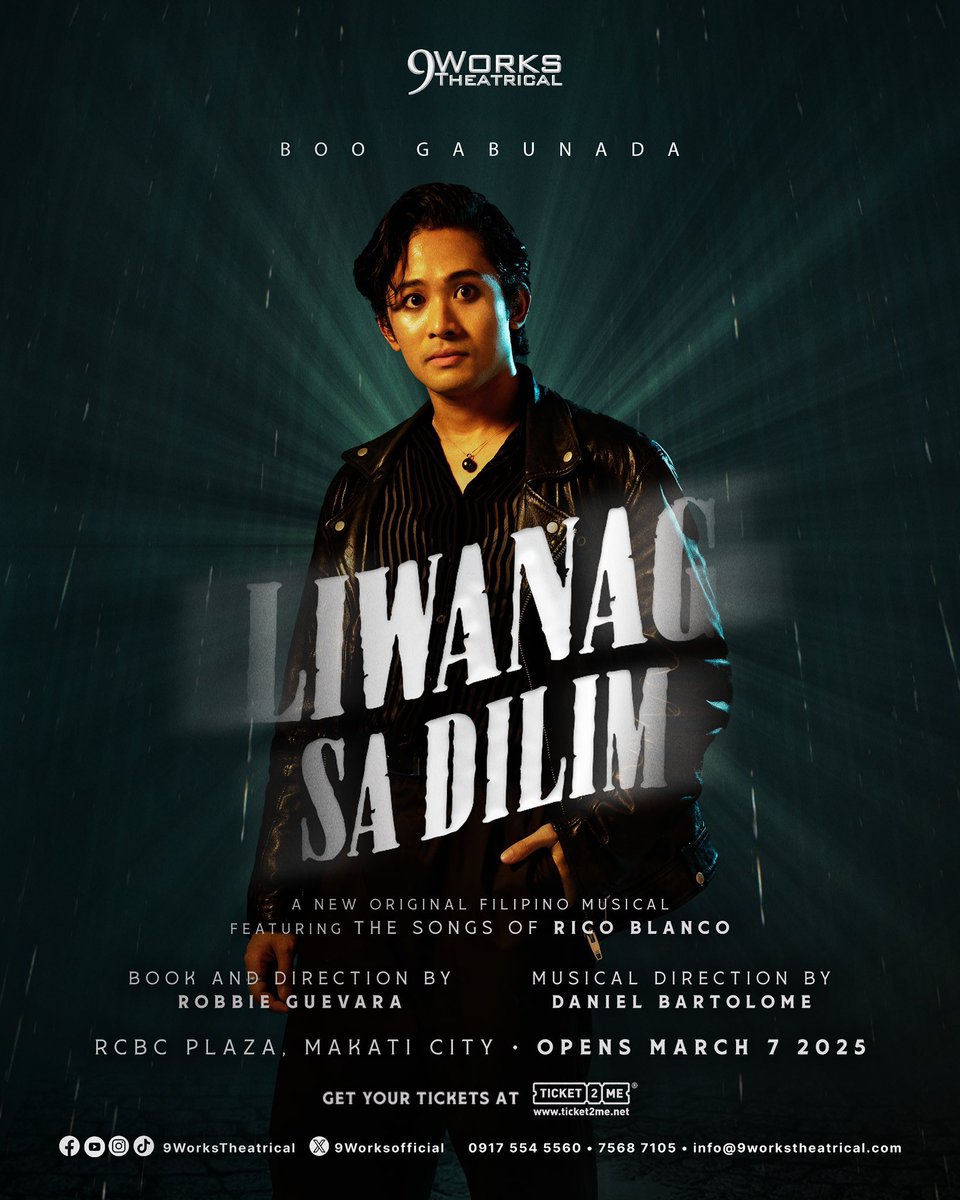imlolabashang's tweet image. Time for you to watch out for Boo Gabunada with the hits from Rico Blanco. 😉

Catch Boo in the newest Original Filipino Musical 𝐋𝐈𝐖𝐀𝐍𝐀𝐆 𝐒𝐀 𝐃𝐈𝐋𝐈𝐌 💡 opening 𝗠𝗔𝗥𝗖𝗛 𝟳 at the RCBC Plaza, Makati City.

#LiwanagSaDilimMusical #9WorksTheatrical #RicoBlanco
