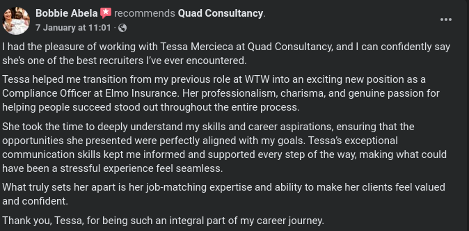 We're thrilled to share another glowing review from a candidate who recently experienced our recruitment services. 

We'd love to help you find your perfect role. Visit quadconsultancy.com/recruitment to explore our latest vacancies and how we can support your professional growth.