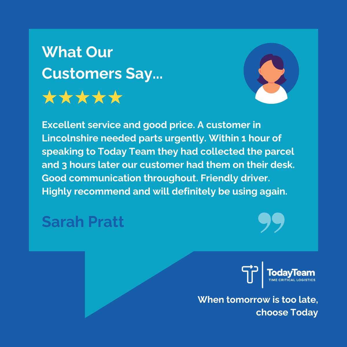 88 Five Star ⭐⭐⭐⭐⭐ Reasons to Choose Today Team!

At Today Team, we're extremely proud of our record when it comes to meeting and exceeding customer expectations, but you shouldn't just take our word for it - take a look at our Google reviews...

#samedaycourier