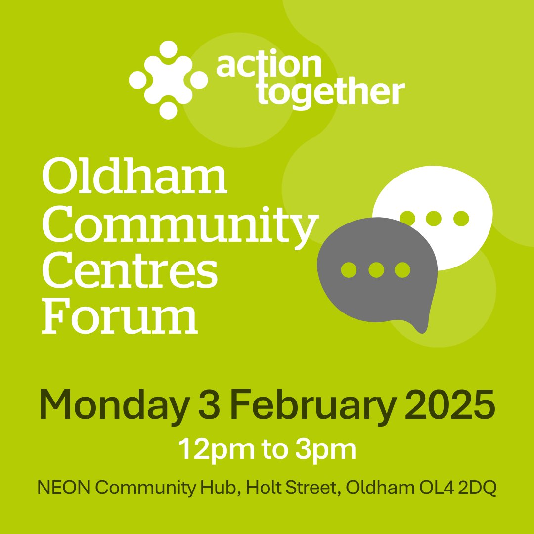Action Together (@weacttogether) on Twitter photo ๐ Do you manage or help to run a community centre or hub in Oldham?
๐ค Why not come along to our next Oldham Community Centre Forum on 3 February? Register: actiontogether.org.uk/civicrm/event/โฆ
๐ Monday 3 February 2025, 12pm-3pm
โน๏ธ Find out more about our Forum: actiontogether.org.uk/oldham-communiโฆ ๐ Do you manage or help to run a community centre or hub in Oldham?
๐ค Why not come along to our next Oldham Community Centre Forum on 3 February? Register: actiontogether.org.uk/civicrm/event/โฆ
๐ Monday 3 February 2025, 12pm-3pm
โน๏ธ Find out more about our Forum: actiontogether.org.uk/oldham-communiโฆ