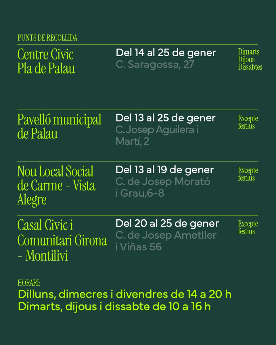 ♻️ Comença la fase informativa i de recollida de material dels contenidors intel·ligents a Pla de Palau - Sant Pau, Carme-Vista Alegre i una part de Montilivi:

🔹 Xerrades informatives. del 14 al 21 de gener.
🔹 Recollida material: del 13 al 25 de gener.
🔹 Inici servei: a