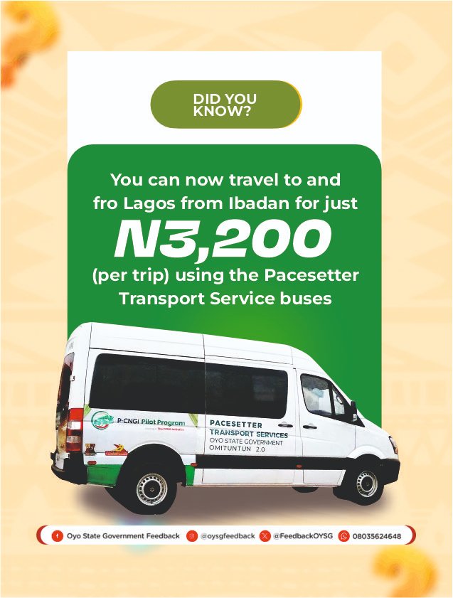Buses to Lagos from Ibadan leave at 7 am, 10 am, 1 pm and 4 pm daily from Pacesetter Transport Service, Eleyele. Buses from Lagos to Ibadan leave at the same times each day from Ikeja Bus Terminal. All buses are fully airconditioned with free WiFi and charging ports.