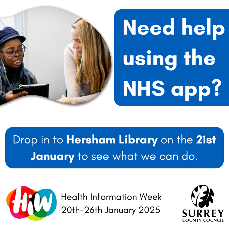 hershamlibrary's tweet image. Do you need help using the NHS app? We can help you solve common issues & struggles people have with the NHS app! Drop in to Hersham Library on 21st January to see what we can do. Please bring your phone/tablet/laptop and photo ID with you for registration @SurreyLibraries