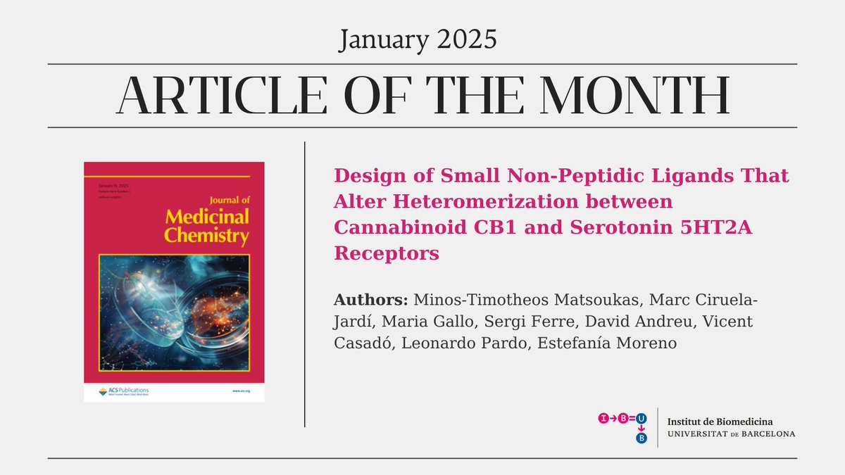 #Articleofthemonth | 📅 January 2025 
📝 Design of Small Non-Peptidic Ligands That Alter Heteromerization between Cannabinoid CB1 and Serotonin 5HT2A Receptors

🔗Access the full article here 👉pubs.acs.org/doi/10.1021/ac…