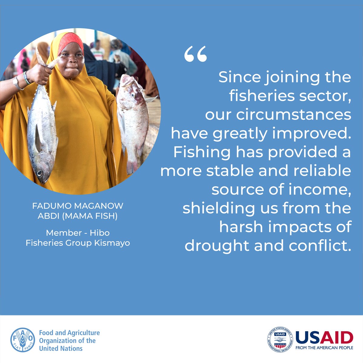 FAOSomalia's tweet photo. The #RECOVER Project, supported by @USAIDSomalia, empowers women like Fadumo (Mama Fish) with tools, skills &amp; resources to enhance #Resilience through climate-smart production, fish value addition, market access &amp; financial inclusion via savings &amp; loans. 🌊🐟 

#ResilienceIsKey https://t.co/0JBNGV2MZw