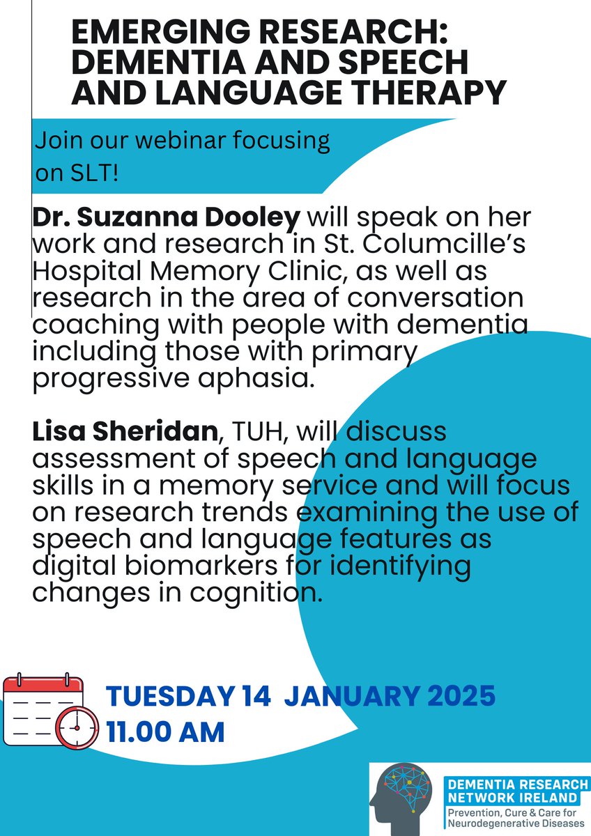 Dementia Research Network Ireland (@drnire) on Twitter photo Only 1⃣ day left!
Join <a href="/dooley_suzanna/">Suzanna Dooley</a> & <a href="/LisaSheridan13/">Lisa Sheridan</a> tomorrow for our webinar "Emerging Research: Dementia and Speech and Language Therapy".
The webinar takes place at 11.00 tomorrow, 14 January - we hope you can join us!
➡️Register here: forms.office.com/e/t5TPj3Ggja Only 1⃣ day left!
Join <a href="/dooley_suzanna/">Suzanna Dooley</a> & <a href="/LisaSheridan13/">Lisa Sheridan</a> tomorrow for our webinar "Emerging Research: Dementia and Speech and Language Therapy".
The webinar takes place at 11.00 tomorrow, 14 January - we hope you can join us!
➡️Register here: forms.office.com/e/t5TPj3Ggja