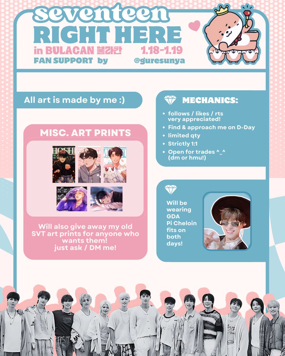guresunya's tweet image. 17 RIGHT HERE: bulacan 💎 Fan Support 

Hi 🩷 I'll be giving away freebies for both days! (pic for details) 

— rts &amp;amp; likes appreciated, follow for updates!
❥ Jan 18-19
❥ Limited QTY
❥ loc TBA
❥ Open for trades (DM)

#SVT_RIGHT_HERE_IN_BULACAN
#SEVENTEEN_RIGHT_HERE_IN_BULACAN