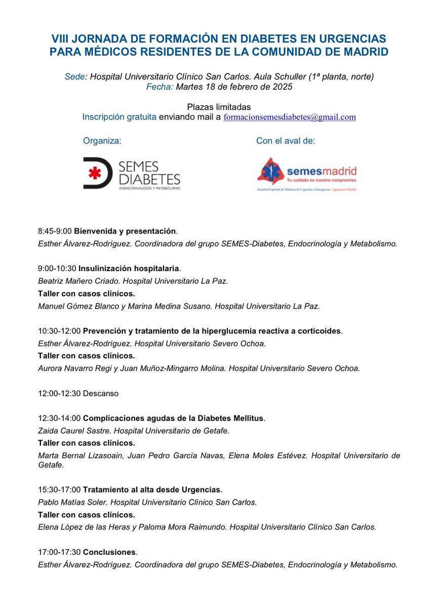 SEMESDiabetes's tweet photo. Si eres residente no te puedes perder la VIII JORNADA DE FORMACIÓN EN DM EN URGENCIAS PARA MÉDICOS RESIDENTES

🗓️ martes 18 feb
📍Hospital Clínico San Carlos
✅Inscripciones gratuitas

Avalado por @SEMESMadrid

@SEMES_ @EnfermeriaSEMES #EspecialidadMUE https://t.co/ffbPcF5w2P
