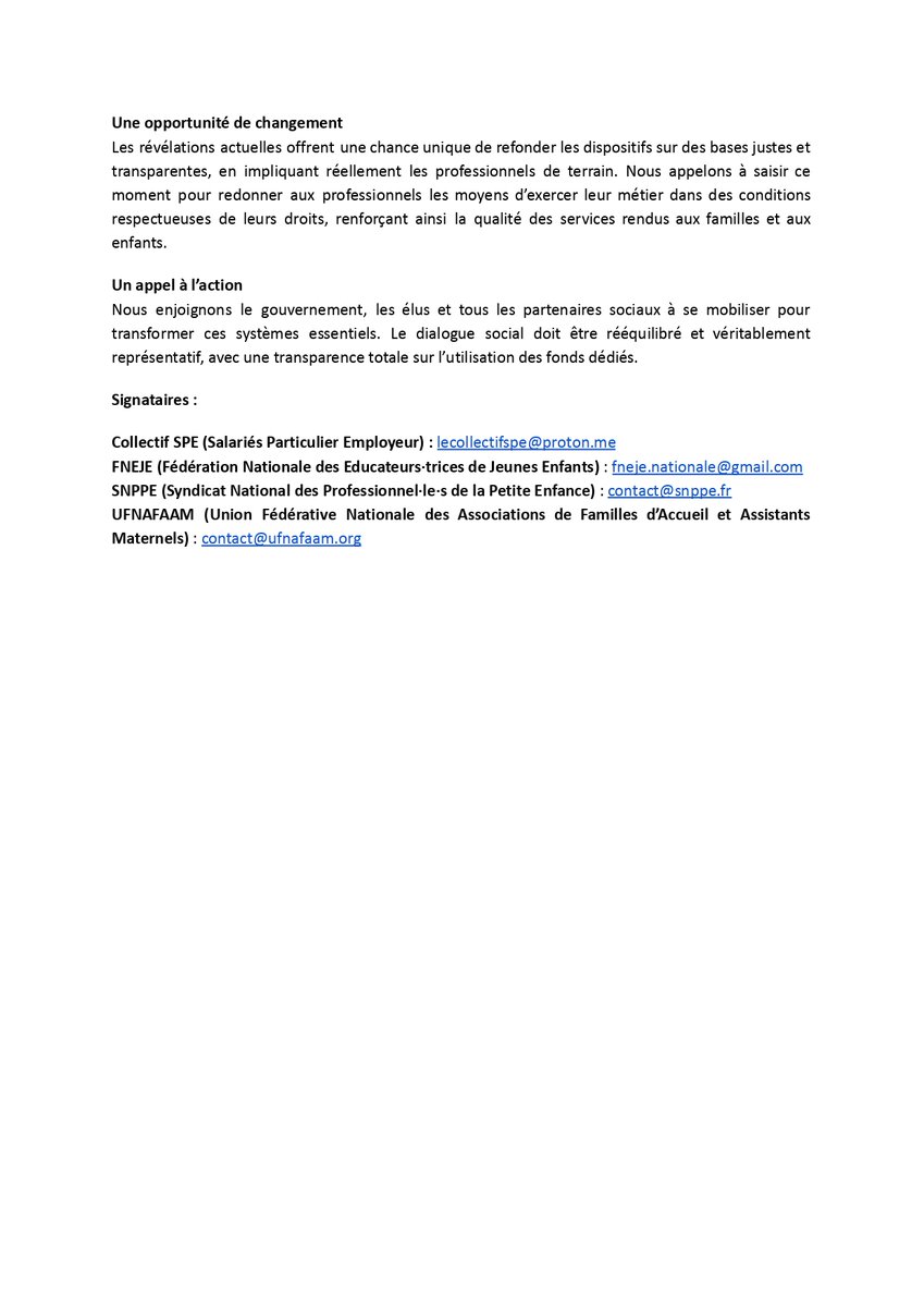 🤝 Unis pour la petite enfance !
Collectif SPE, <a href="/FNEJE/">FNEJE</a> , <a href="/SnppeFr/">SNPPE</a> , <a href="/ufnafaam/">ufnafaam</a> dénoncent les dérives qui vont être révélées par la <a href="/Courdescomptes/">Cour des comptes</a> : opacité, conflits d’intérêts, monopoles...
📣 Exigeons justice, transparence et équité pour les pros, les familles et les enfants.