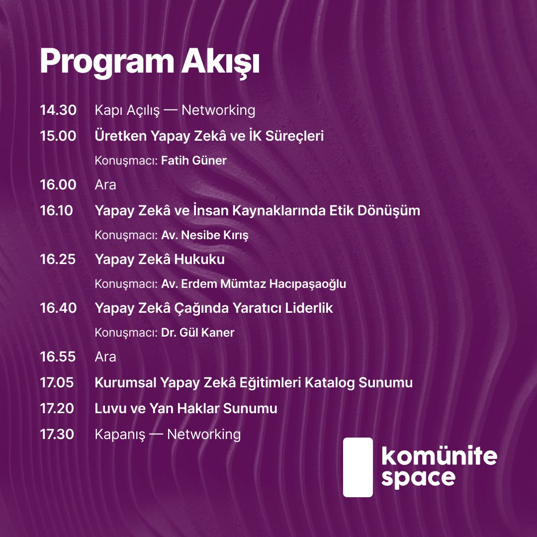 Günümüzde yapay zekâ, insan kaynakları operasyonlarından aday değerlendirmeye, kurumsal eğitimlerden performans yönetimine kadar geniş alanda oyunun kurallarını değiştiriyor.

Komünite, bu dönüşümün öncülerinden olmak isteyen İK profesyonellerini bir araya getiriyor.

Katılımı