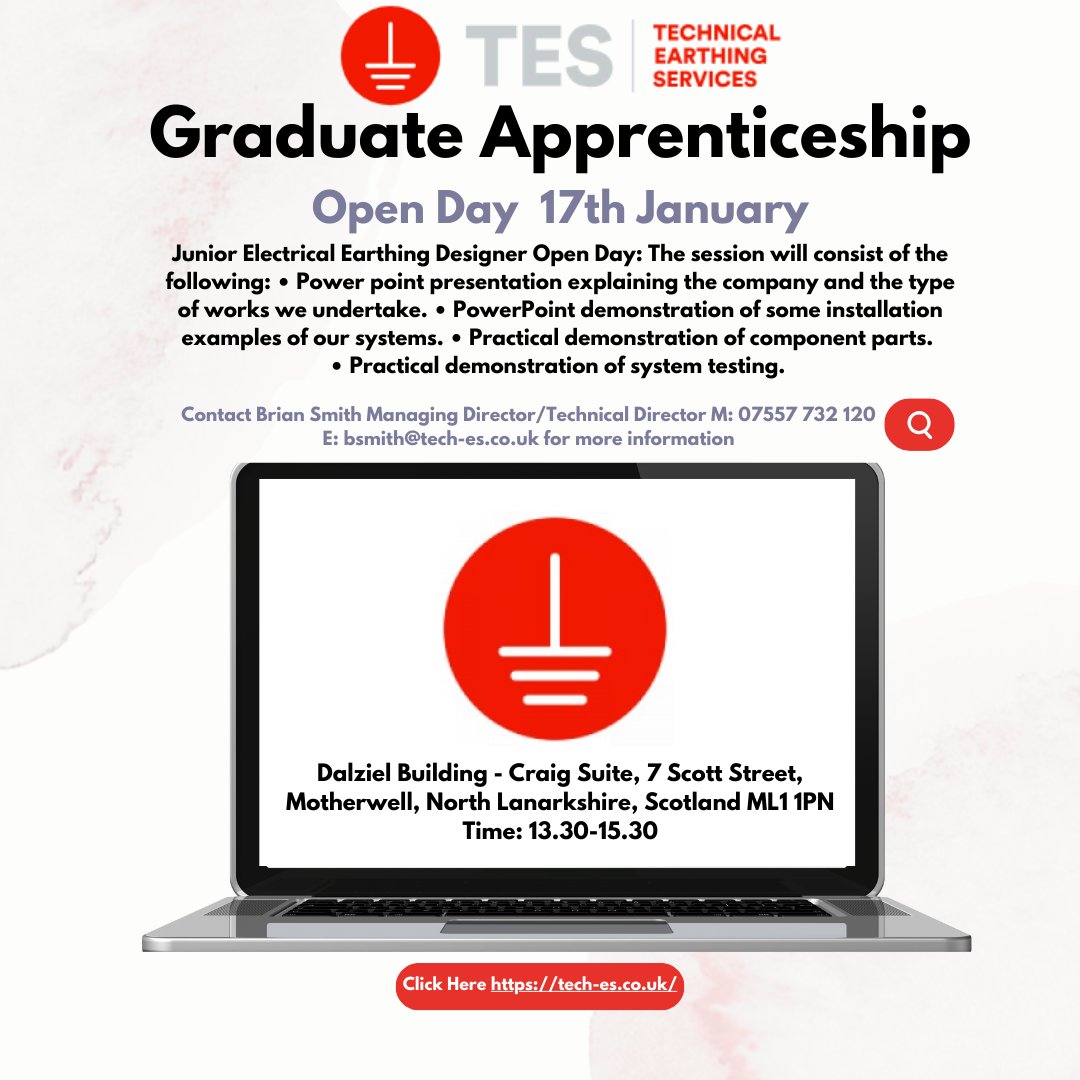Technical Earthing Services Ltd is holding a Graduate Apprenticeship Open Day on the 17th of January at the Dalziel Building, Motherwell from 1.30pm - 3.30pm. 📅
Information on our website; tech-es.oc.uk or contact Brian Smith-Managing Director 📧bsmith@tech-es.co.uk 👈🏻