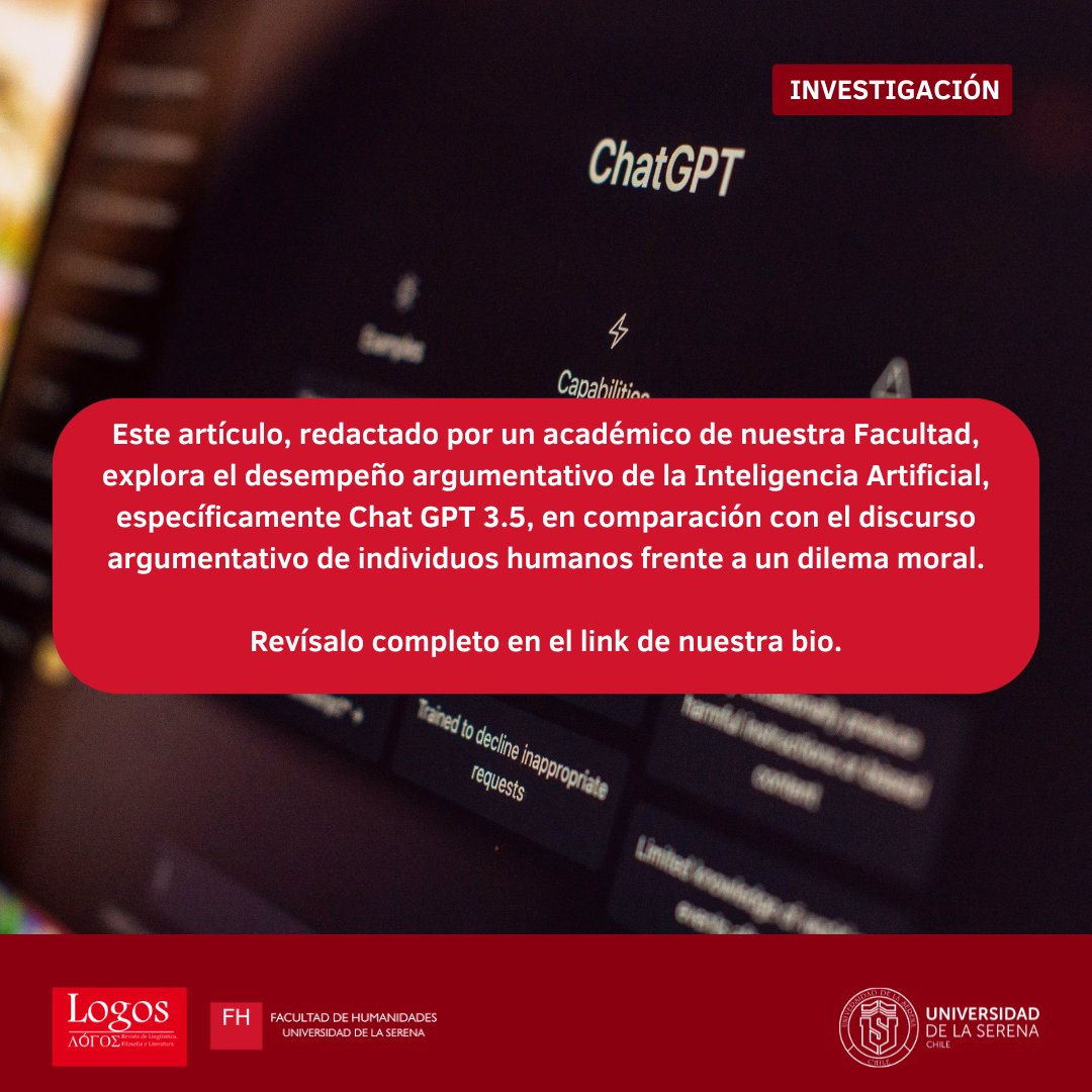 #Investigación: Un reciente artículo, realizado por uno de nuestros académicos, evidencia el comportamiento argumentativo, en relación a los puntos de vista, que adopta #ChatGPT frente a la actividad humana. Revísalo aquí 👉 revistas.userena.cl/index.php/logo…