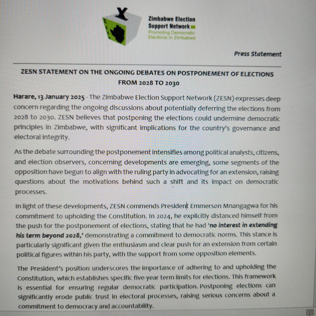 ZESN1's tweet photo. ZESN STATEMENT ON THE ONGOING DEBATES ON POSTPONEMENT OF ELECTIONS FROM 2028 TO 2030 https://t.co/BeKGJ9PC71