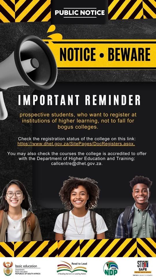 GCISMpumalanga's tweet image. Your future is your responsibility. Take the time to verify the legitimacy of your desired institution.  #BogusColleges #UnaccreditedInstitutions #HigherEducation #MatricResults2024