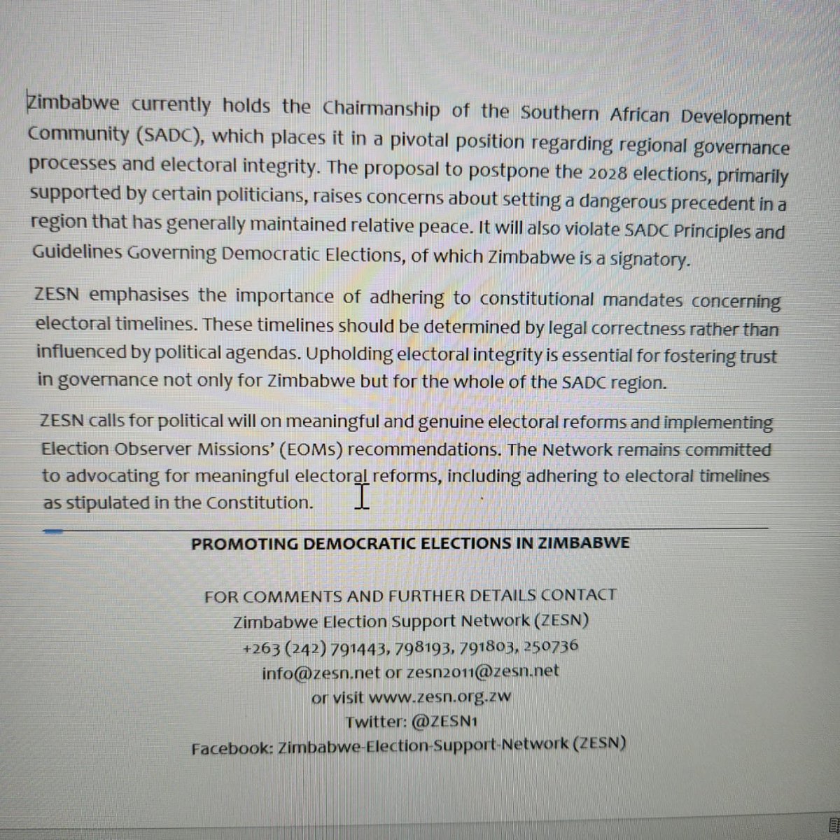 ZESN1's tweet photo. ZESN STATEMENT ON THE ONGOING DEBATES ON POSTPONEMENT OF ELECTIONS FROM 2028 TO 2030 https://t.co/BeKGJ9PC71