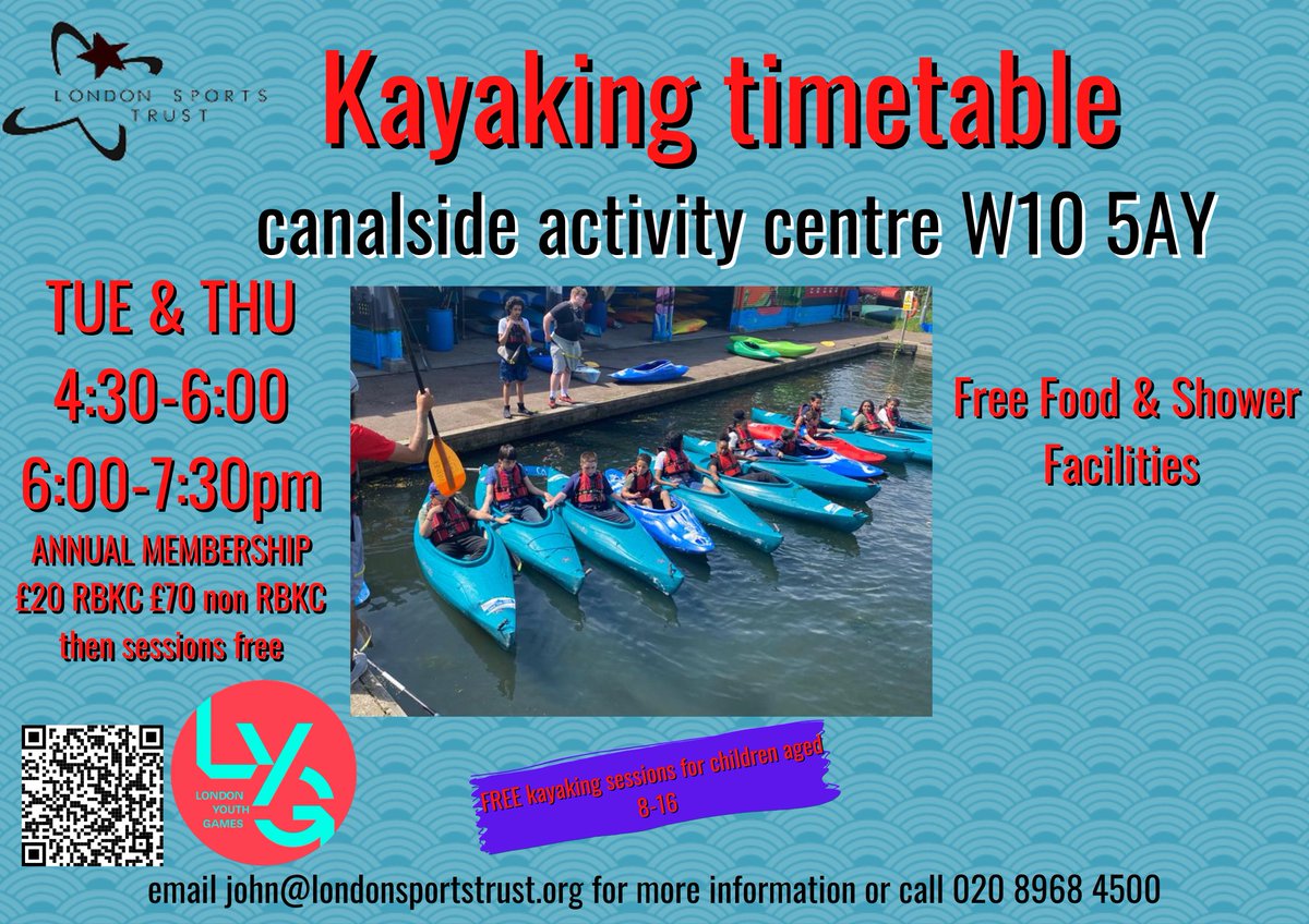 Book your spot for kayaking every Tuesday and Thursday at Canalside, 430 and 6pm, londonsportstrust.org 
See you soon! 
<a href="/DalgarnoTrust/">Dalgarno Trust</a> <a href="/baraka_london/">Baraka Community Association</a> <a href="/RBKC/">Royal Borough of Kensington and Chelsea</a> <a href="/HarrowClub/">Harrow Club</a> <a href="/youngkandc/">Young K&C</a> <a href="/kensington/">.</a>