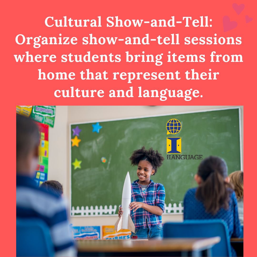 iLanguage_me's tweet image. Cultural Show-and-Tell: Bring the world into your classroom! #MultilingualClassroom #ShowAndTell #LanguagePride #GlobalLearning #CelebrateCultures #iLanguage #InclusiveEducation #LanguageLove #ClassroomIdeas #EduStrategies #LanguageLearningFun #TeachingTips #MultilingualEducation