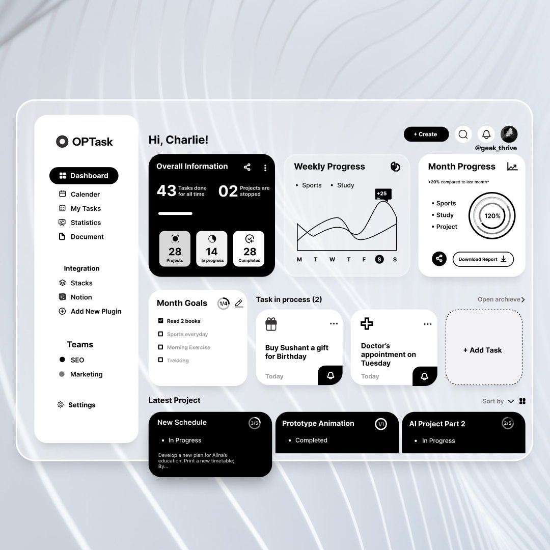 Geek_Thrive's tweet photo. "Just designed a sleek productivity dashboard UI! 🚀
Modern, minimal, and functional. What do you think? 🖤
#UIDesign #UX #Productivity" https://t.co/qWfMElMCfN